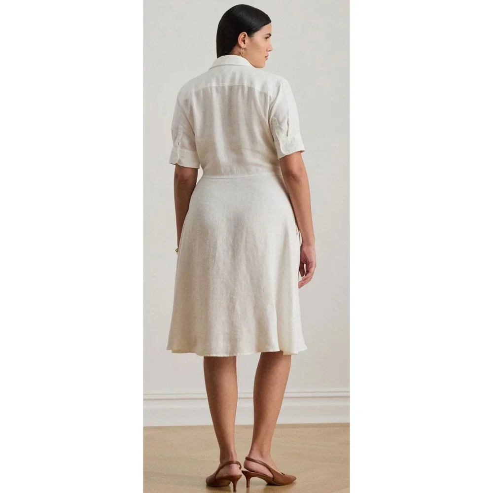 Lauren Ralph Lauren Tie Front Linen Shirtdress White Midi Short Sleeve 16W - Picture 12 of 12